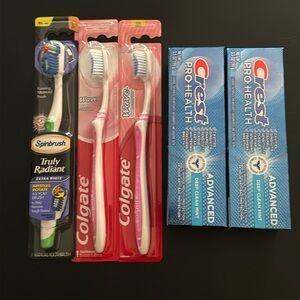 NEW: 2x Crest Toothpaste & 3x Toothbrushes - Dental Lot 5pc Colgate Arm & Hammer